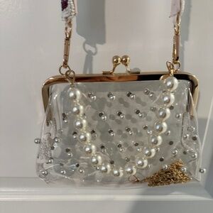Clear Bag with Pearl Accent with Gold Chain Strap